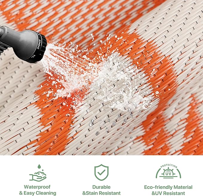 GENIMO Outdoor Rug Waterproof for Patio Decor, 6' x 9' Reversible Plastic Straw Floral Camping Carpet, Large Area Rugs Mats for RV, Camper, Deck, Balcony, Porch, Beach, Picnic, Orange & Beige