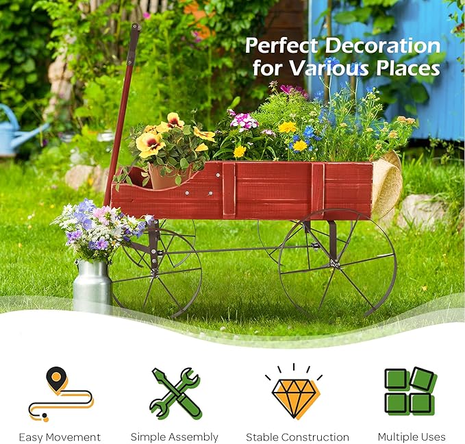 Wooden Wagon Planter with Wheels, Indoor/Outdoor Flower Cart w/Dual-Compartment & Adjustable Handle, Decorative Garden Planter for Home, Yard, Wedding (Red)