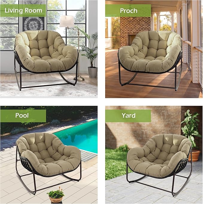 Papasan Rocking Chair, Oversized Papasan Chair with Cushion and Frame for Indoor& Outdoor, Deep Seat Egg-Shaped Rocker Chair for Garden, Deck, Living Room, Beige