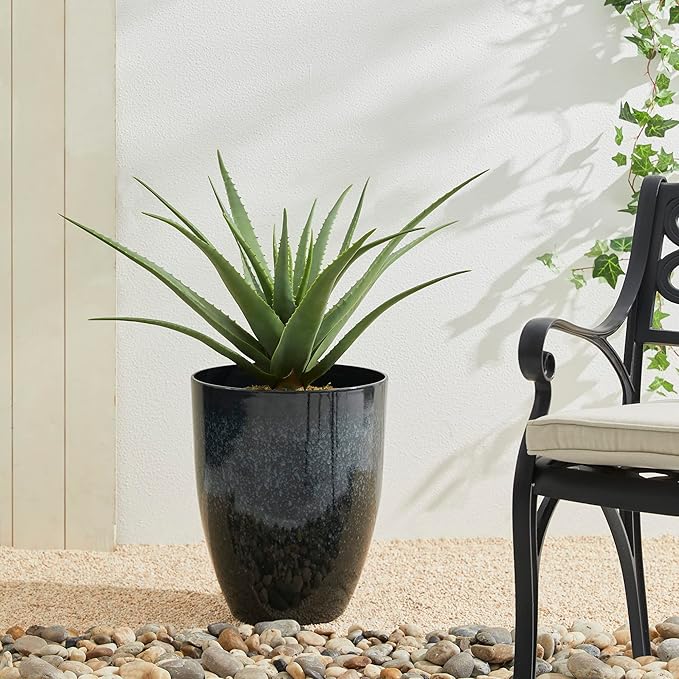 Glitzhome 16.75" H Garden Tall Planter Pots,Set of 2 Modern Round Tall Planter with Drainage Holes,PE and Stone Faux Ceramic Large Flower Pots for Outdoor Indoor,Ceramic Gradient Turquoise