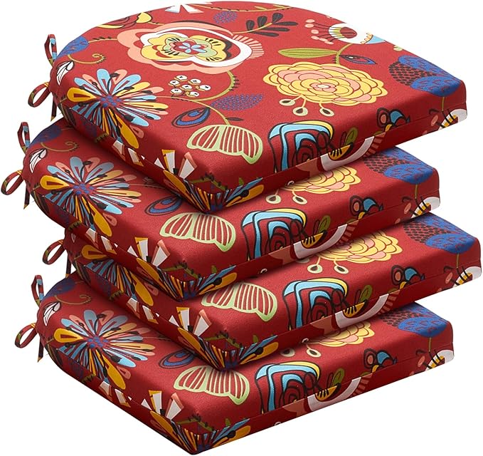 downluxe Outdoor Chair Cushions Set of 4 for Patio Furniture, Water-Resistant Patio Chair Cushions with Ties, High Density Foam Outdoor Seat Cushion, 17" X 16" X 2", Sonia Scarlet