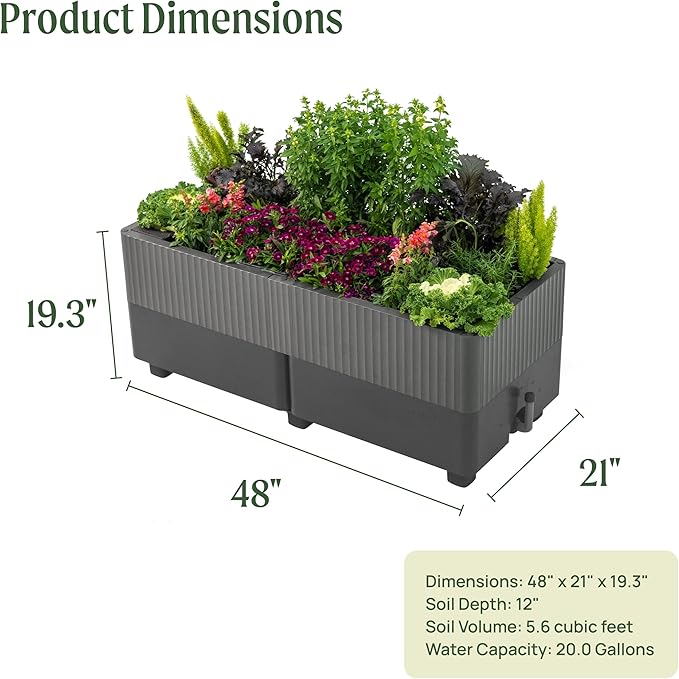 Vego garden EZCube Self Watering Planter Box Outdoor, Raised Garden Bed with Water Gauge for Balcony, Rooftop, Patio, Backyard 21" x 48" Fog Gray