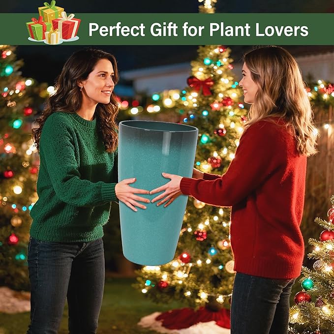 24/21/12 Inch Large Plastic Planter, Lightweight Ceramic-Look Tall Planters with Drain Hole & Saucers, Tall Plastic Planters for Porch, Garden, Patio, Balcony(Sky Blue)