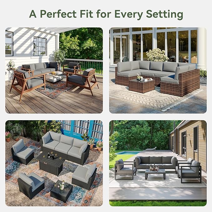Aoxun Outdoor Replacement Cushions for Patio Furniture, Waterproof Sofa Cushion for 6-Seat Rattan Wicker Sectional Patio Conversation Sets, 14-Piece Cushions Set for L-Shape Couch, Gray