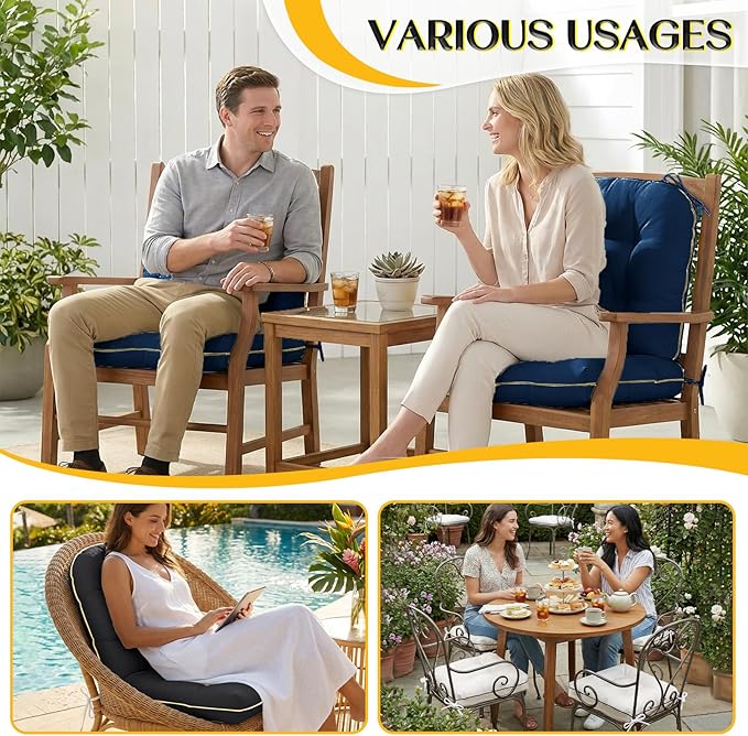 Outdoor Chair Cushions Set of 2, Outdoor Cushions for Patio Furniture and Wicker Chair, Memory Foam Patio Seat Cushion Pads with Ties, 19 x 19 Inch (Black)
