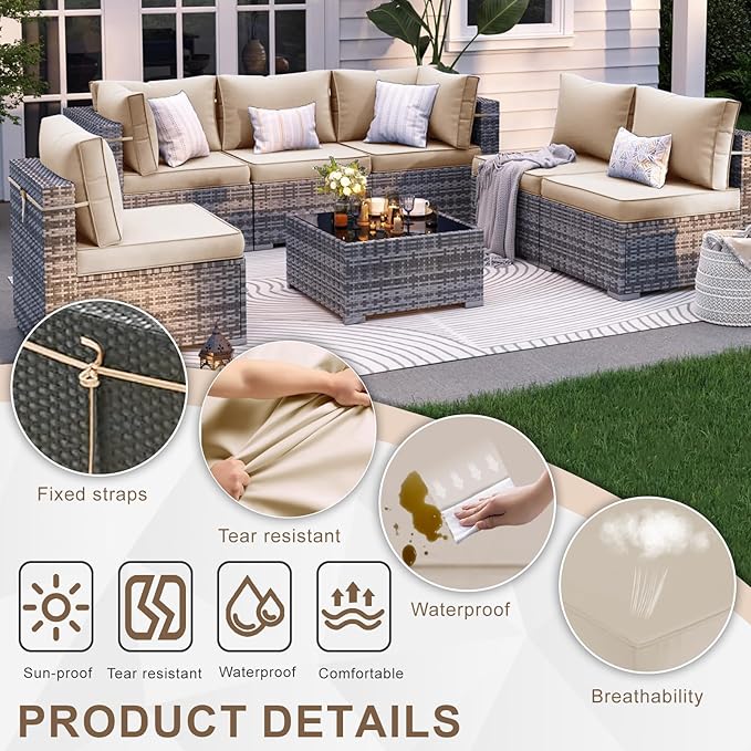 Patio Sectional Cushions, 14-Piece Replacement Cushions for Outdoor Furniture, Water-Resistant Outdoor Sofa Cushion for 6-Seat Rattan Wicker Sectional Conversation Sets (Khaki111)