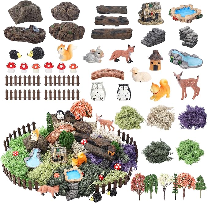 Chunful 45 Pcs Fairy Garden Accessories Miniature Garden Figurines Tiny Resin Animals Forest Kit Pool Bridge Fence Pond Mushroom for Dollhouse Potted Plant Bonsai Terrarium Decor