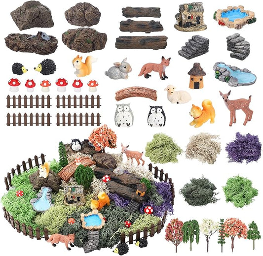 Chunful 45 Pcs Fairy Garden Accessories Miniature Garden Figurines Tiny Resin Animals Forest Kit Pool Bridge Fence Pond Mushroom for Dollhouse Potted Plant Bonsai Terrarium Decor