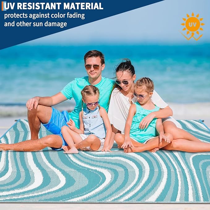 9x12 Outdoor Rug Waterproof Foldable Plastic Straw Carpet for Patio Porch Modern Abstarct Reversible Mat Lightweight Floor Mat for Picnic, Beach, Deck, Camper, Balcony，Lake Green/Light Blue