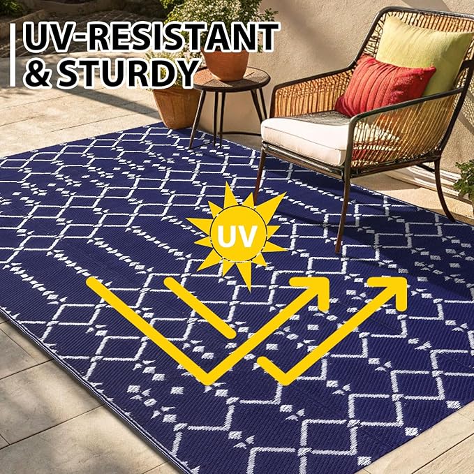 Smiry Outdoor Rug 5x8 ft, Waterproof Reversible Plastic Straw Rugs, Boho Outdoor Area Rug, Outside Floor Mat for Patio, Backyard, Deck, Picnic, Beach, Camping, Navy