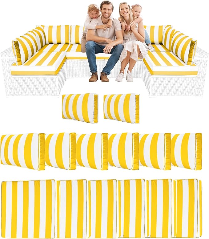 14 Piece Outdoor Sectional Cushions, Water-Resistant Outdoor Sofa Cushions Replacement, 4" High Density Foam Patio Furniture Cushions Fits 6-seat Rattan Conversation Set (Yellow White)