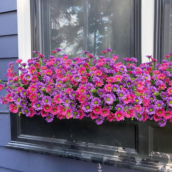 16 Bundles Silk Daisy Artificial Flowers for Outdoors UV Resistant Fake Daisies Plastic Plants Flower for Home Outside Front Door Porch Garden Patio Planters Decoration (Double Purple)