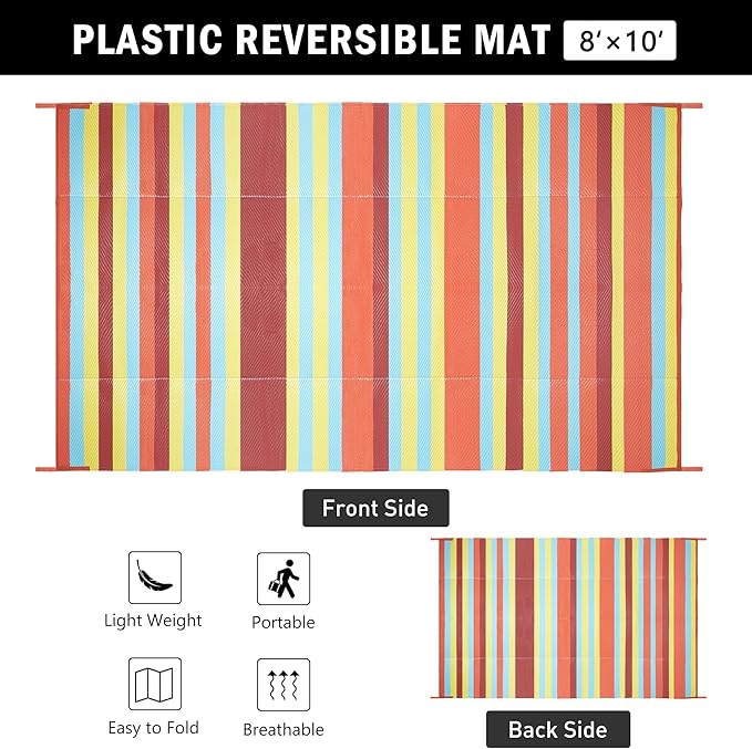 HUGEAR Outdoor Waterproof Rug 8'x10' Plastic Straw Rugs Washable Reversible Floor Mat Rainbow Stripe Carpet for Camping RV Deck Entryance Porch Picnic Balcony Beach Backyard