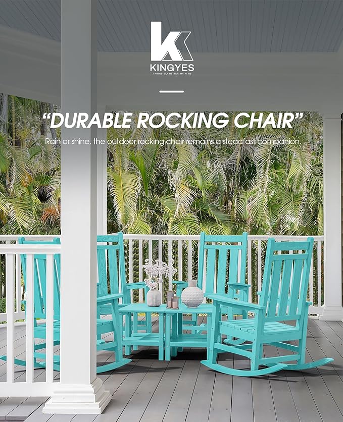 KINGYES Outdoor Rocking Chair Set of 2, All-Weather Patio Rocking Chairs for Porch, HDPE Rocking Outdoor Chairs with High Back for Adult, Heavy Duty Outdoor Patio Rockers for Garden, Lawn, Aruba