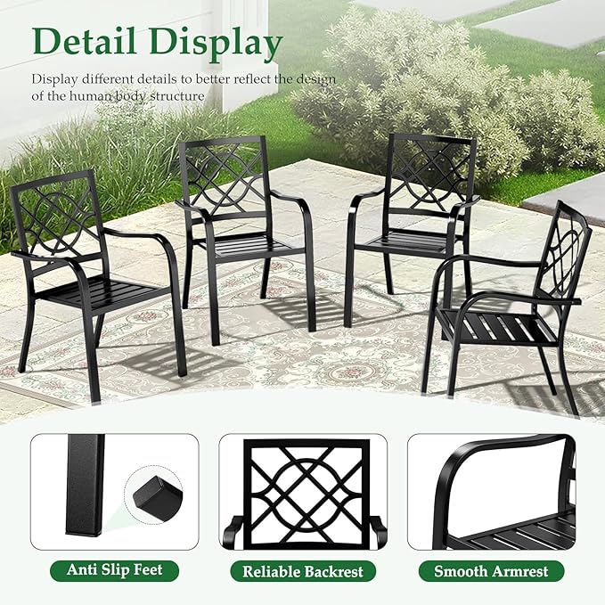 Crownland Patio Wrought Iron Dining Chairs Set of 4, Outdoor Bistro Stackable Metal Chairs with Armrests for Garden, Poolside, Backyard (Black)