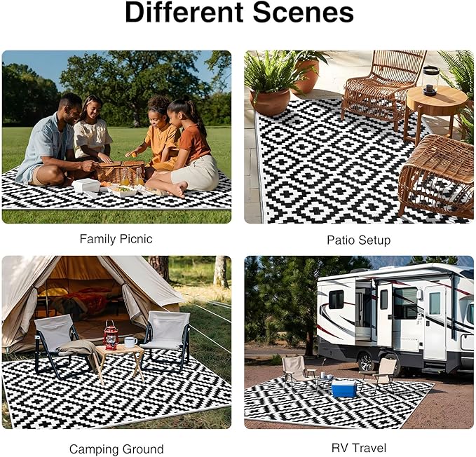OLANLY Waterproof Outdoor Rug 5x8 ft, Outdoor Plastic Straw Rug for Camping, RV Mat Outside, Indoor Outdoor Carpet for Porch, Deck, Backyard, Balcony, Picnic, Black & White