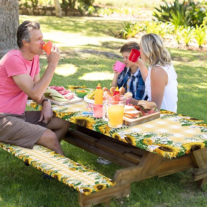 Picnic Table Cover with Bench Covers Elastic Edges, Yellow Fitted Table Cover, Outdoor Patio Camping Essentials 96 Inch 3PCS, Waterproof Camping Fitted Tablecloth with Drawstring Bag