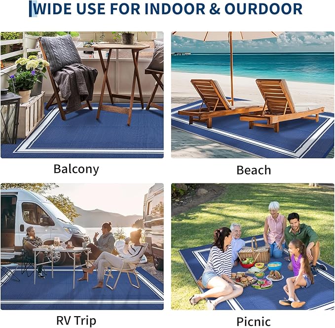 Outdoor Rugs 8x10 for Patio Waterproof Floor Mats Modern Bordered Plastic Straw Large Area Rugs Lightweight Reversible Mat Carpet for RV Backyard Balcony Porch Blue/White