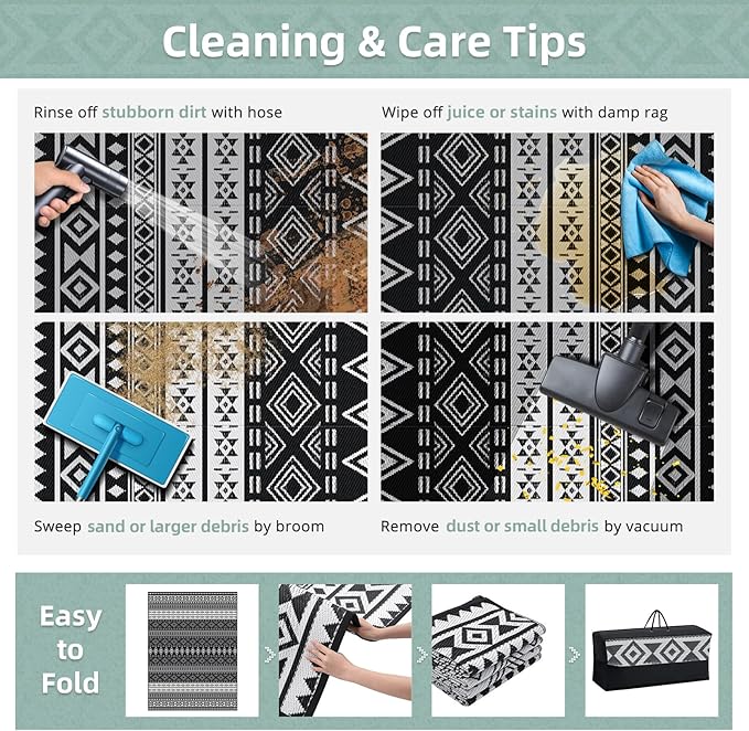 GOTGELIF Outdoor Rug 9x12FT Boho Style, Reversible & Water-Resistance & Portable Plastic Straw Rug for RV Trips, Picnic, Camping, Outdoor, Garden, Patio - White and Black Patio Rug