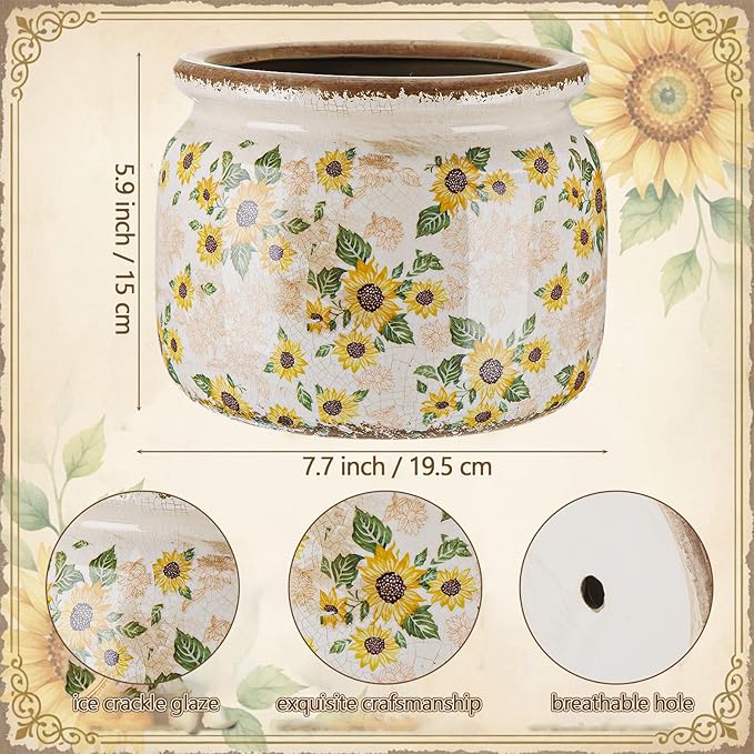 7.7″ Large Vintage Ceramic Plant Pot with Sunflowers Pattern Warm Yellow Rustic Planter with Ice Crackle Glaze & Drainage Hole for Indoor Outdoor Plants Home Kitchen Office Decor Gift