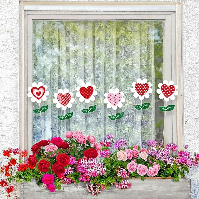 BreezeHug 6 Pcs Valentine's Day Heart Shaped Flower Planter Stakes Outdoor Garden Stakes Sign Valentine Flower Stick Pink Red Decorative for Yard Patio Lawn Decor(Mixed Colors)