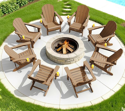 SERWALL Adirondack Chair Set of 8 Folding Adirondack Chairs with Cup Holder for Patio Garden Outdoors Fire Pit- Brown