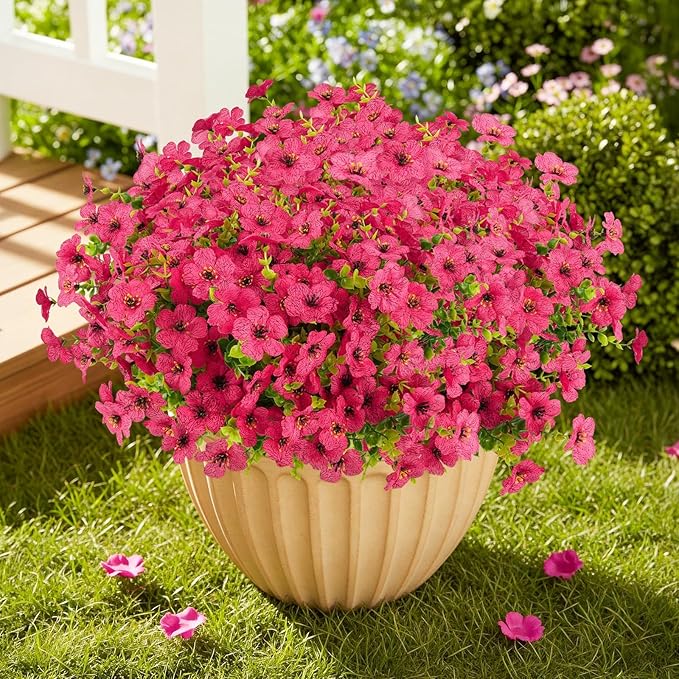 Artificial Flowers Outdoor Faux Plants UV Resistant Fake Patio Flowers Plastic Greenery Plnats Outside Bulk for Spring Garden Hanging Planter Home Vase Decor, 24 Bundles (Rose Red)