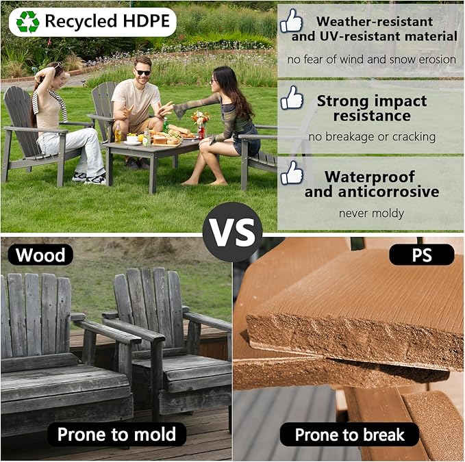 nevilywood Compact Stackable Adirondack Chairs, 26.3" Wide HDPE Outdoor Patio Chairs - Durable, Space-Saving Design for Porch, Lawn or Garden, Grey