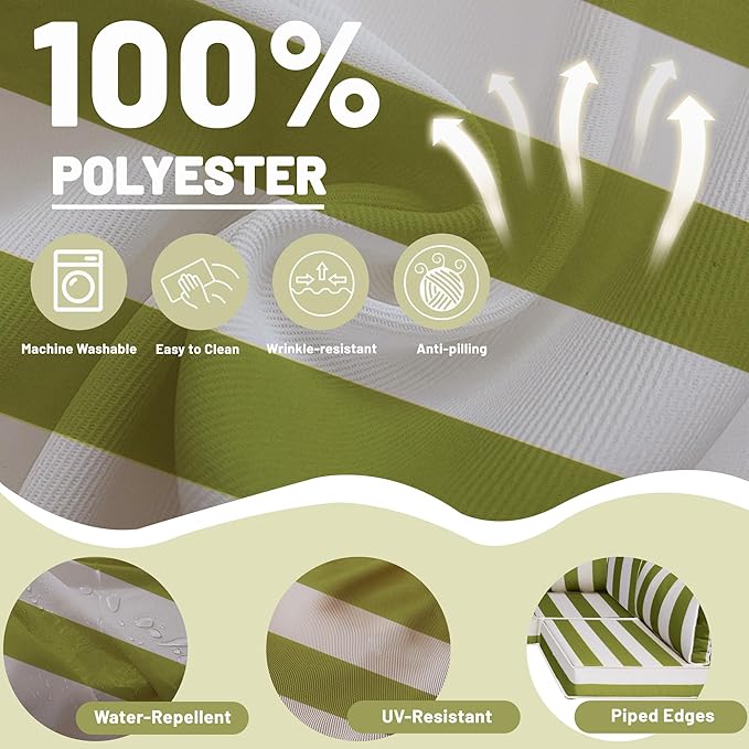 14 Piece Outdoor Sectional Cushions, Water-Resistant Outdoor Sofa Cushions Replacement, 4" High Density Foam Patio Furniture Cushions Fits 6-seat Rattan Conversation Set (Grass Green White Stripes)