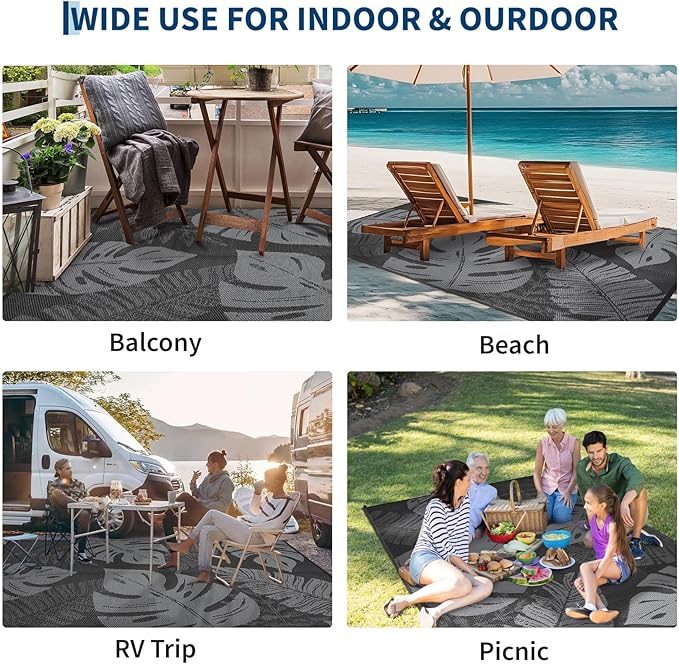 Outdoor Rug 8x10 Waterproof Patio Rugs Modern Leaf Print Reversible Mat for Front Door Rv Foldable Plastic Straw Carpet for Travel Trailers, Deck, Porch, Camper, Balcony, Beach，Black/Grey