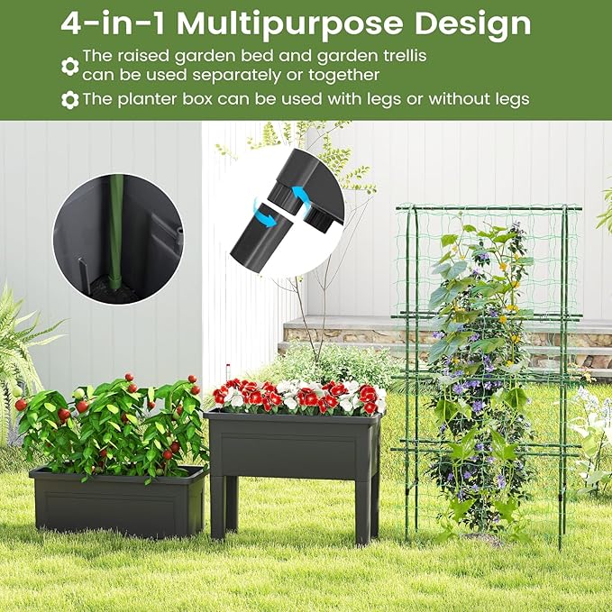 Giantex Raised Garden Bed with Legs & Trellis for Climbing Plants, Self-Watering Planter Box w/Water Level Gauge, for Vine Flower Herb Vegetable (29.5"x13.5"x76")