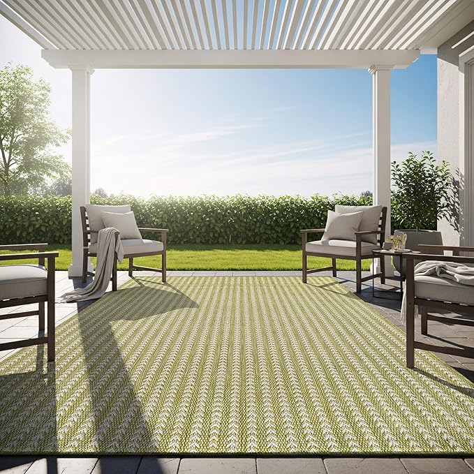 Washable Outdoor Rug 8x10 Modern Area Rugs Outdoor Carpets Striped Pattern Non Shedding Waterproof Easy Clean Patio Deck Porch Living Room Bedroom Garden RV (8 X 10 Olive)