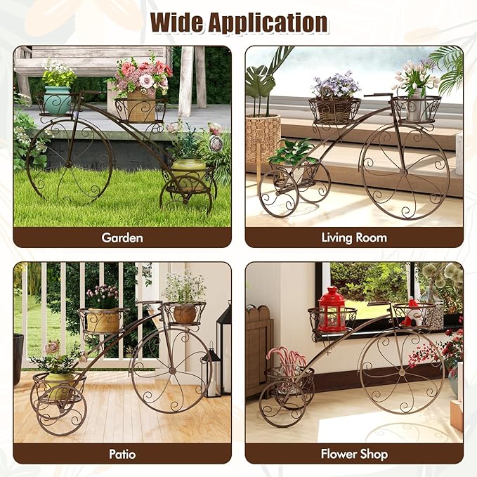 Giantex Metal Bicycle Planter, 3 Tier Tricycle Flower Plant Stand w/ 3 Decorative Wheels, Parisian Style Flower Display Stand Cart for Home Decor Patio Garden Flower Shop Indoor Outdoor (Bronze)