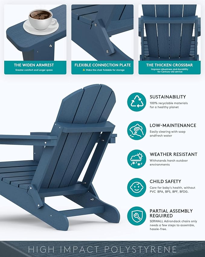 SERWALL Foldable Adirondack Chair Set of 2 for Patio Garden Outdoors Fire Pit-Blue