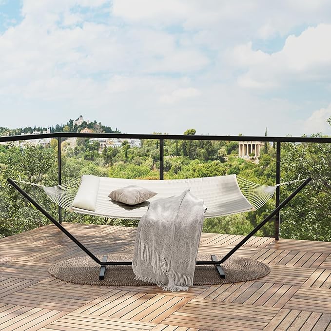 Double Hammock with Stand, 2 Person Portable Foldable Outdoor Hammock with Pad & Pillow, 450lb Capacity Heavy-Duty Hammock for Garden, Patio, Backyard, Off White
