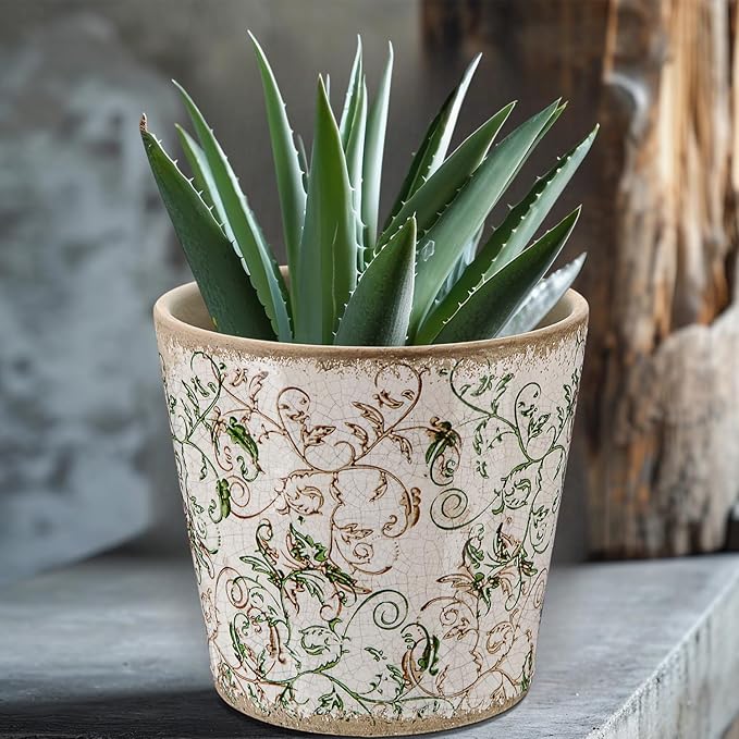 Farmhouse Ceramic Planter 5.5 Inch Large Plants Pot Ice Crack Beige Green Floral Vines Plant Pots with Drainage Hole Indoor Plants Kitchen Rustic Antique Decor Gift
