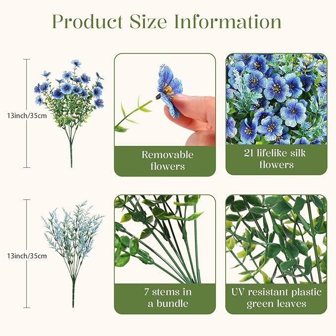 SHareconn 24 Bundles Artificial Flowers for Outdoors Decoration, Faux Plants Fake Silk Colorful Daisy Eucalyptus Lavender, UV Resistant for Outside Home Porch Patio Indoor Spring Decor, Blue