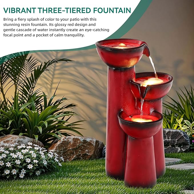 27" Outdoor Water Fountain with LED Lights, 3-Tier Cascading Faux Ceramic Column Water Feature with Pump for Garden Patio Backyard, Weather-Resistant Resin Waterfall for Serene Oasis, Red