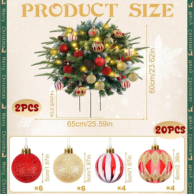 2 Pack Christmas Tree Urn Filler Battery Operated Pre-lit Xmas Pine Trees with Christmas Balls Tripod Stake LED Lights for Porch Yard Garden Outdoor Holiday Decorations