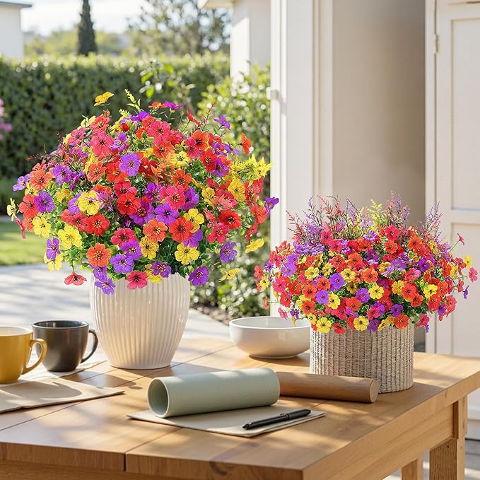 SHareconn 24 Bundles Artificial Flowers for Outdoors Decoration, Faux Plants Fake Silk Colorful Daisy Eucalyptus Lavender, UV Resistant for Outside Home Indoor Spring Decor, RedRosyPurpleYellowOrange