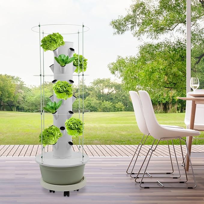 Hydroponic Growing Tower with Climbing Trellis, 30L Water Tank & Automatic Timer, Indoor Outdoor Vertical Garden System for Vegetables Herbs Strawberries (Light Green - 28 Holes)