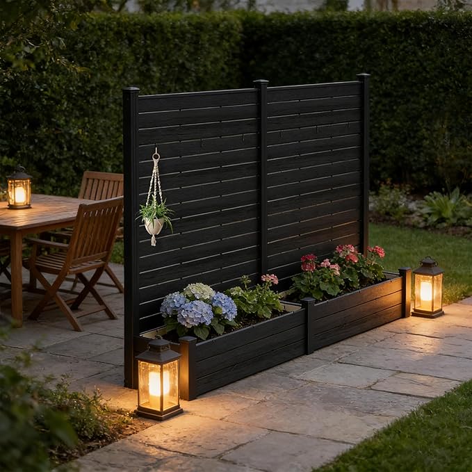 Kozyard 2Pack Privacy Screen with Planter, 70" H x 51" W Outdoor Garden Screen, Waterproof Aluminum Frame with Thick Wood-Plastic Boards, Decorative Privacy Screen for Patio, Balcony & Backyard Gray