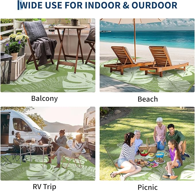 COZYLOOM Outdoor Patio Rug 8x10 Waterproof Plastic Straw Rug Reversible UV Resistant Camping Mat, Foldable Lightweight RV Picnic Mat with Portable Bag, Modern Outdoor Carpet for Yard, Sage Green