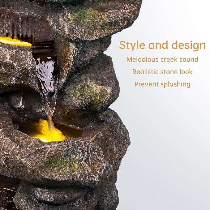Ferrisland 31.5” Outdoor Rock Waterfall Fountain – 5-Tier Rustic Cascading Water Feature with LED Lights | Relaxing Flow & Ambient Glow for Garden, Patio, Yard | Stylish Home Decor Idea