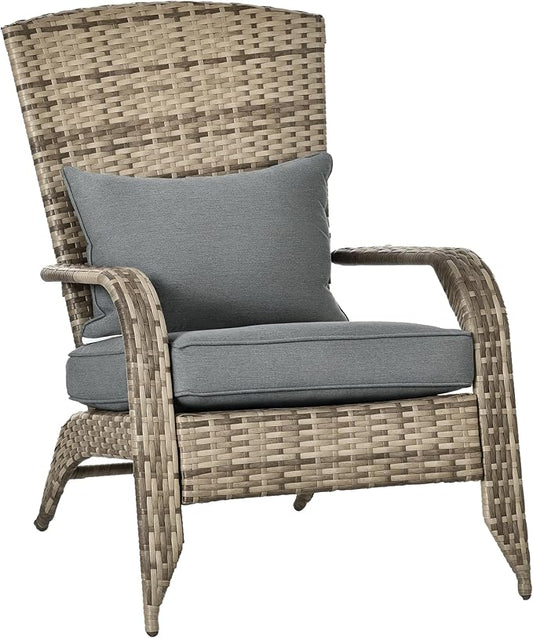Outsunny Patio Wicker Adirondack Chair, Outdoor All-Weather Rattan Fire Pit Chair w/Soft Cushions, Tall Curved Backrest and Comfortable Armrests for Deck or Garden, Mixed Tan/Dark Gray