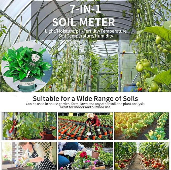 7-in-1 Soil ph Test kit, Soil Tester, Soil Meter of Moisture/Light/Fertility/PH/Soil Temp for House Plants, Soil Hygrometer Moisture Sensor for Indoor & Outdoor, Garden, Farm, Lawn Plant Care