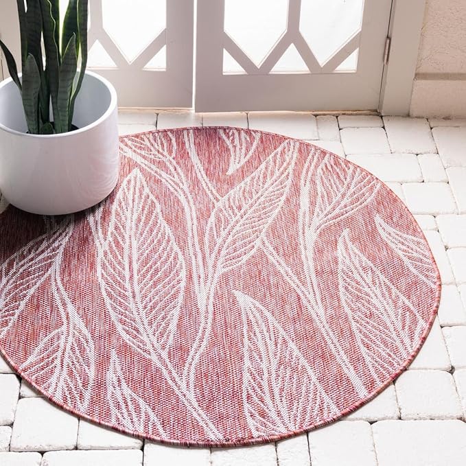 Unique Loom Outdoor Botanical Collection Area Rug - Leaf (10' 8" Round Rust Red/Gray)