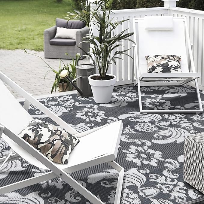 Reversible Mats, Plastic Modern Straw Area Rug, Large Floor Mat for Outdoors, RV, Patio, Backyard, Deck, Picnic, Beach, Camping (Baroque Grey & White, 5' x 8')