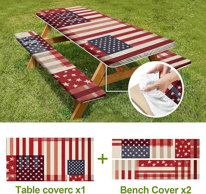 Picnic Table Cover with Bench Covers Set of 3 - Red White Blue Buffalo Plaid Flag Pattern, Elastic Fitted Tablecloth for 6 Ft Tables, Washable Polyester Cover for Camping, Indoor & Outdoor