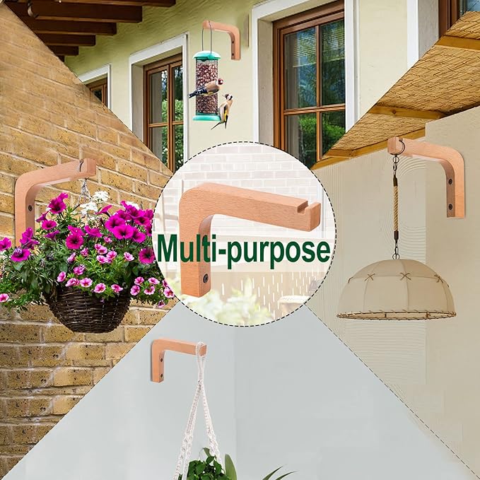 2 Pack Wooden Wall Hooks, Plant Hangers Indoor,6-Inch Wall Mounted Hanging Plant Hooks for Planters, Lanterns, Flower Bracket, Wind Chimes Burlywood Color